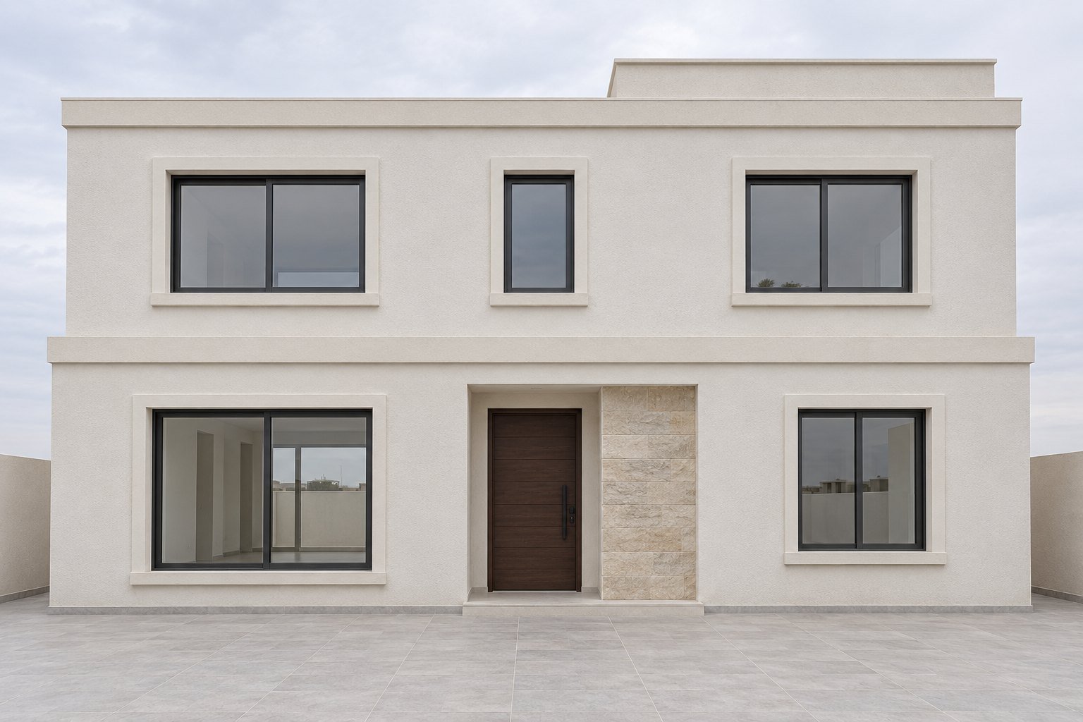 Villa contemporaine en enduit clair, modèle de simulation (image de synthèse)